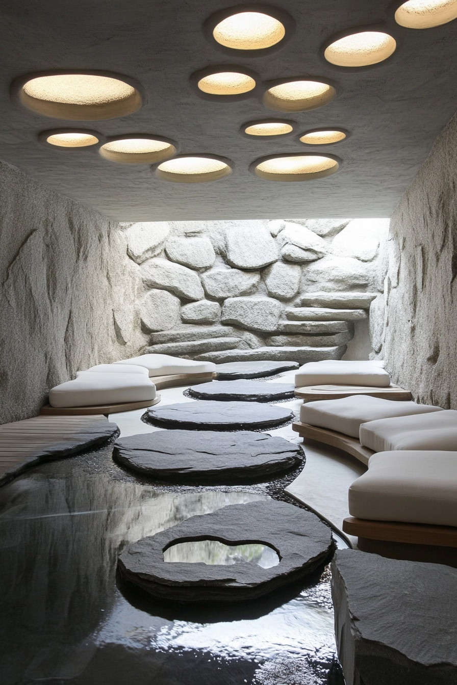 Meditation room. Off-white cushions, slate mini water feature, circle-seat arrangement.