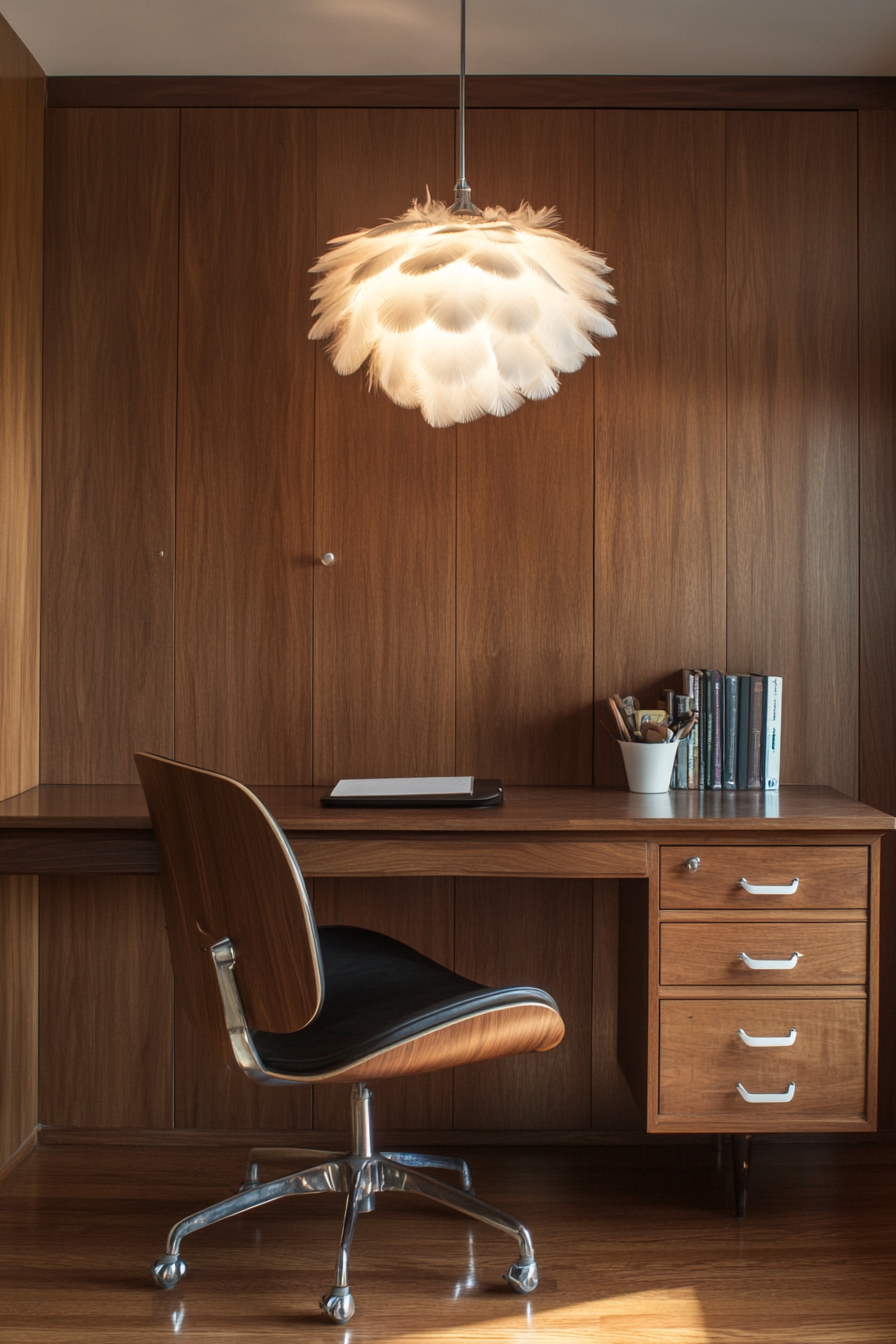 Mobile workspace. Walnut panel, vintage Eames chair under a captivated feather pendant light.