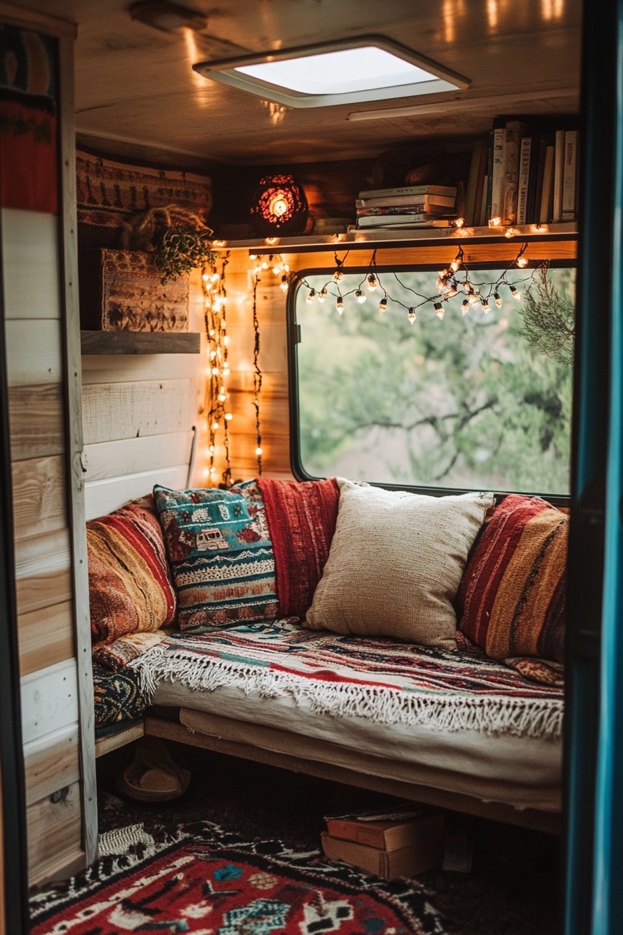 Boho camper reading corner. Southwestern textile rug, beaded book light, sand-tone cushions.