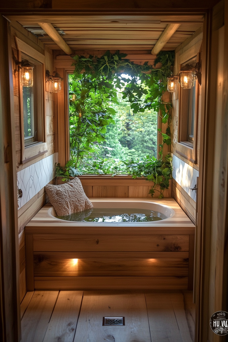 Tiny bathhouse. Oak soaking tub with view of white veined plant wall.