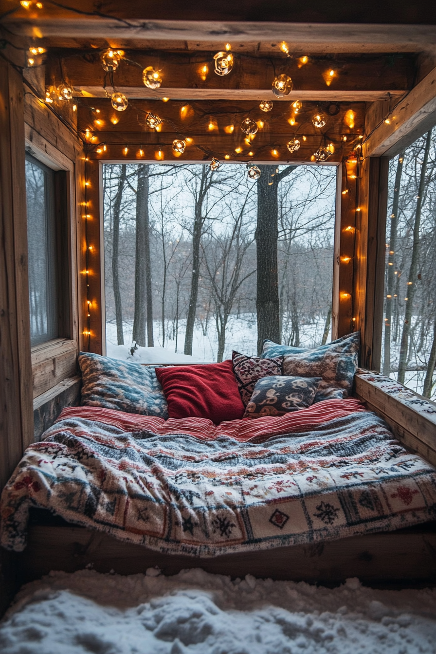 Wide angle view. Festive sleeping nook, flannel bedding, string lights, winter wonderland scene outside.