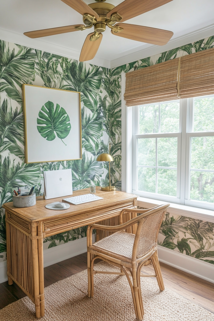 Tropical-modern tiny office. Rattan desk with monstera print wallpaper and brass ceiling fan.