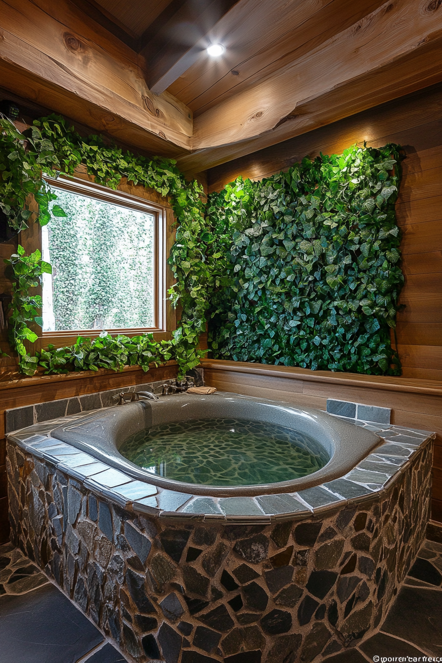 Tiny bathhouse. Stone mosaic soak tub surrounded by forest green ivy-accented wall.