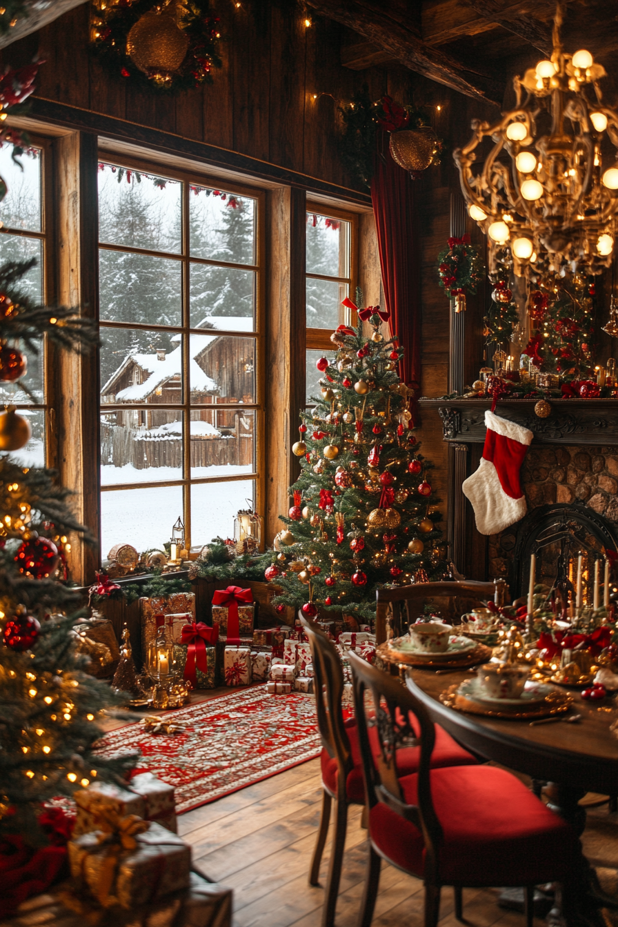 Wide angle Christmas interior. Velvet ribbons, vintage ornaments, snow-covered village view.