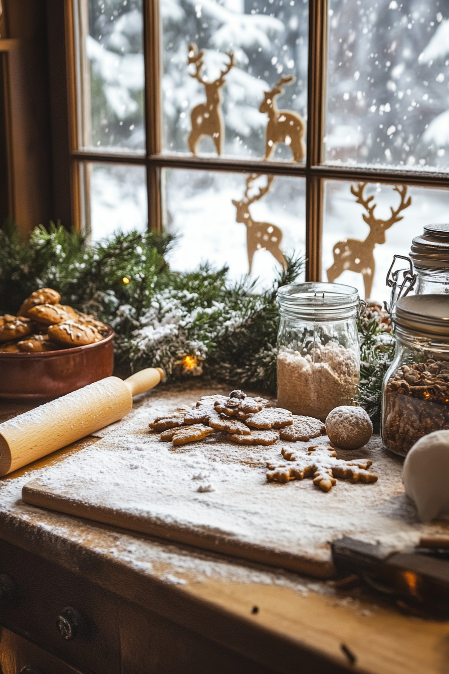 Wide-angle view of holiday baking haven. Rolling pin, gingerbread cookies, spices in jars, watching snow-covered deers.