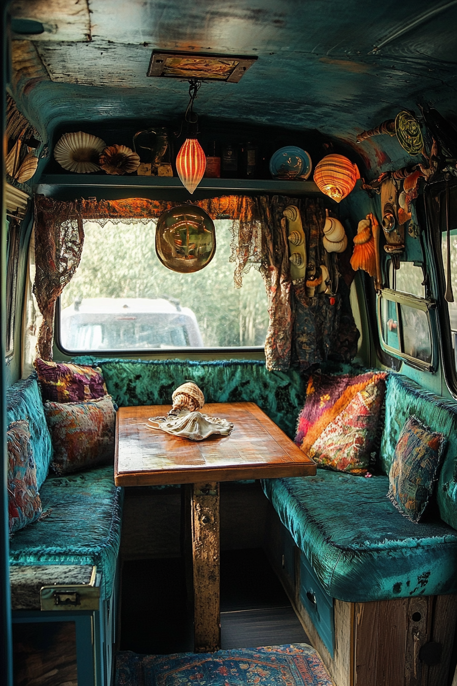 Van dining area. Teal cushion seats, shell ornaments, portable wooden fold-out table with window-facing position.