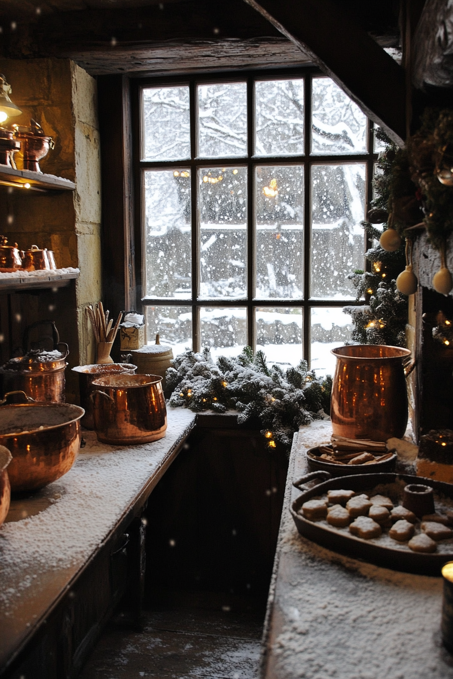 Wide-angle view. Gingerbread-making space, copper pots, cinnamon bundles, snowfall beyond window.