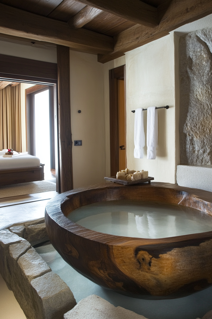 Natural bathroom. Wide-angle view, wooden soaking tub, and intricate stone details.