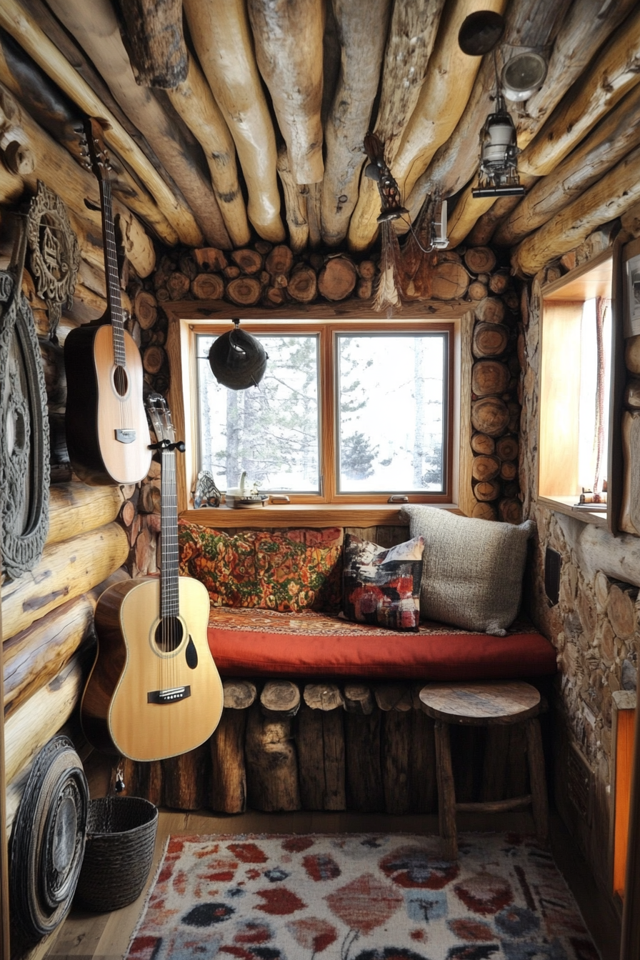 Tiny music room. Log walls, leaf-patterned sound proofing, hanging guitar.