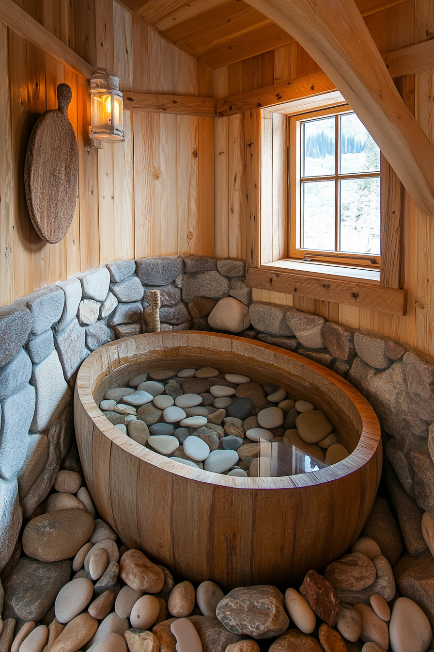 Natural tiny house bathroom. Wooden soaking tub nestled amongst strategically placed smooth river stones.