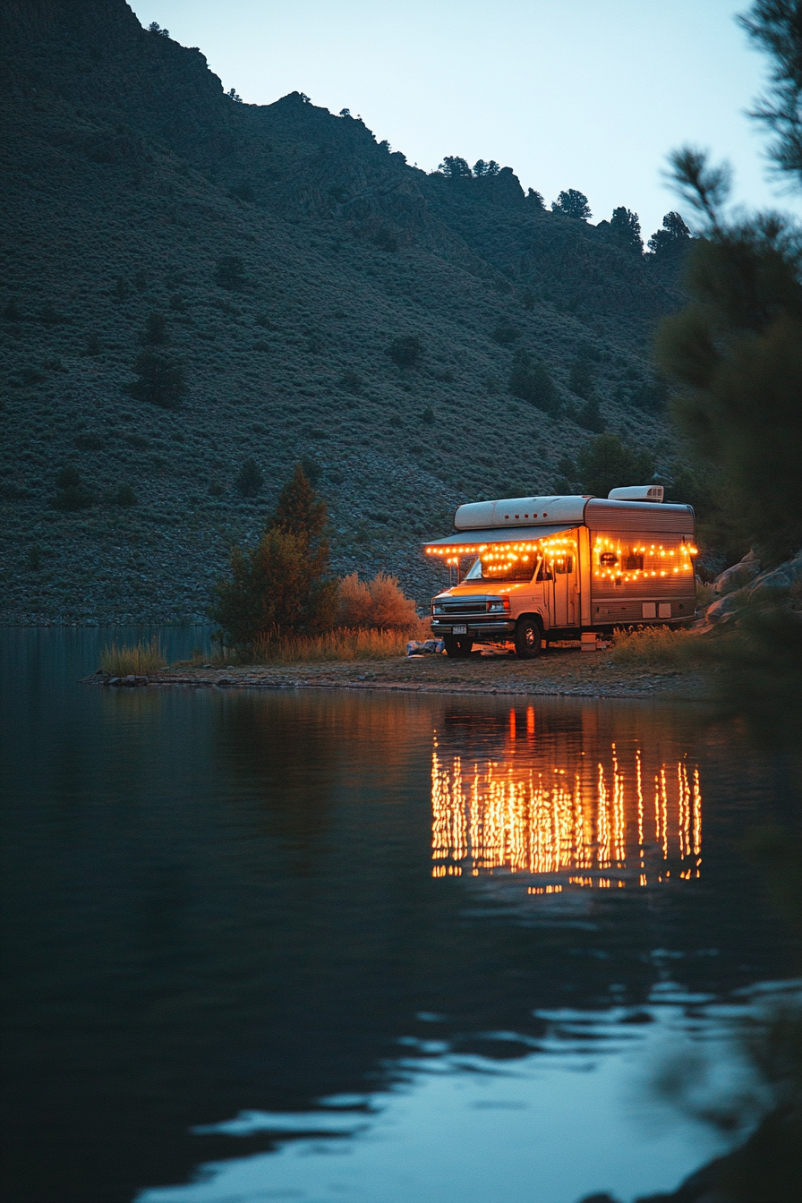 Wide angle view. Retro-styled RV with string lights, parked beside clear mountain lake.