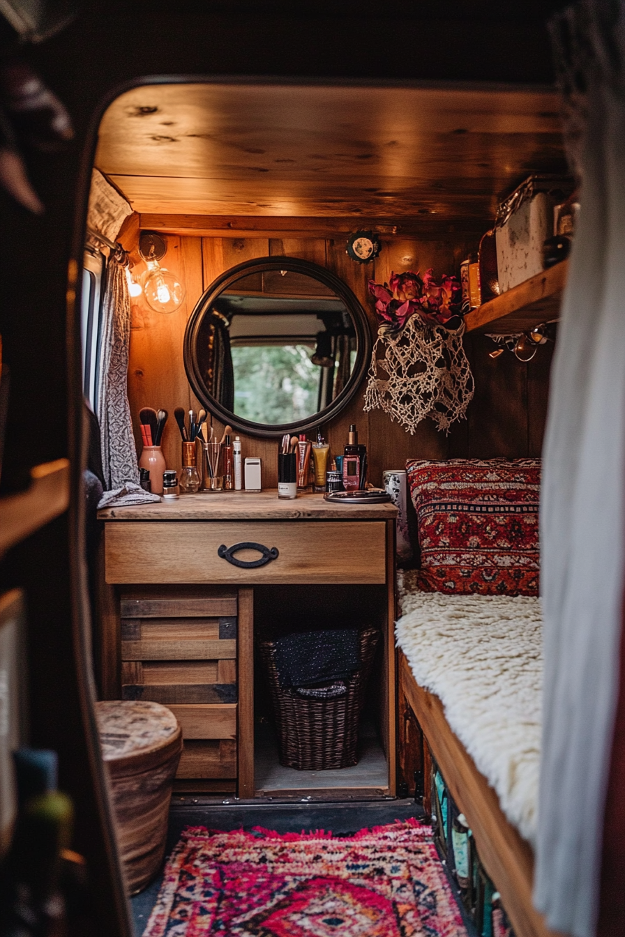 Bohemian van vanity area. Wooden makeup storage with wrought iron ring light and vintage folding mirror.