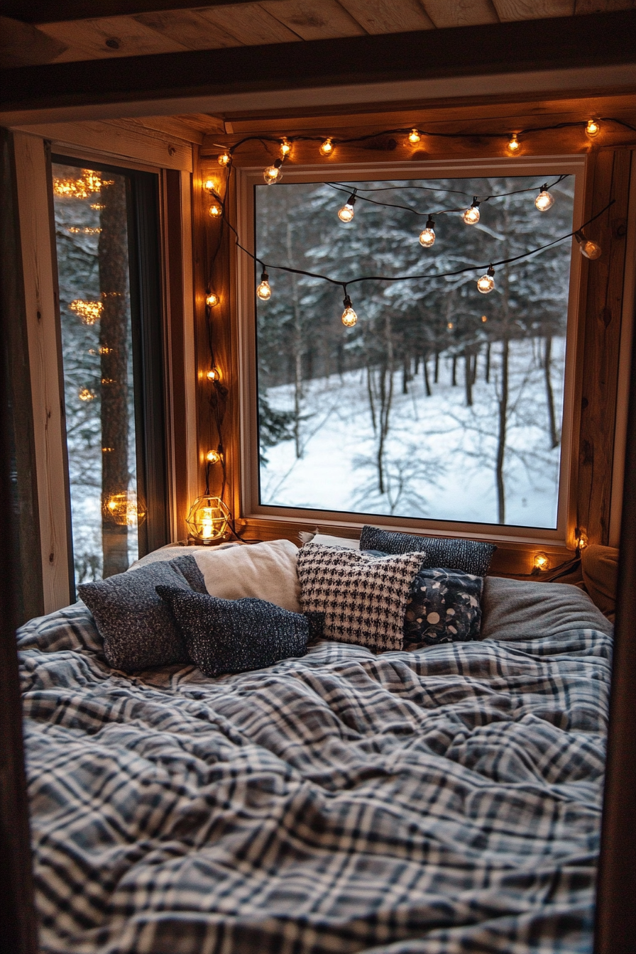 Wide angle view. Flannel bedding and string lights. Snowy landscape outside.