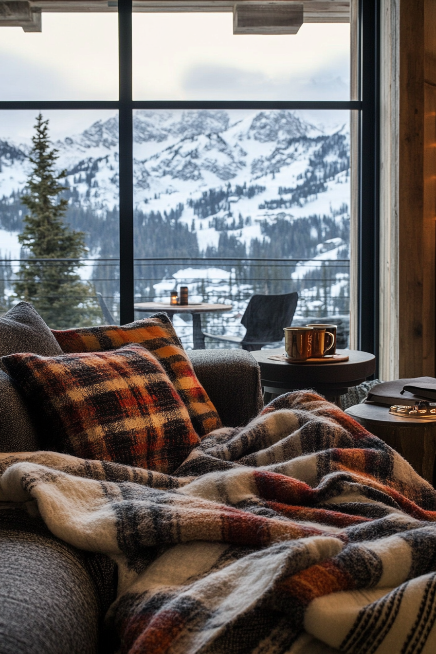 Ski lodge interior with wool blankets, hot cocoa station, and view of snowy mountains.