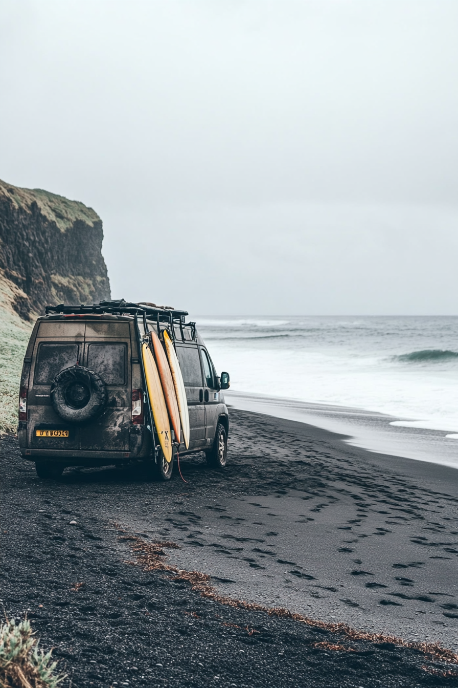 Wide angle view. Van with surfboard rack on black sand beach, outdoor shower nearby.