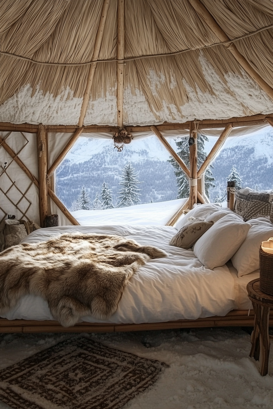 Alpine-view Yurt bedroom. Whitewashed rattan bed with reindeer fur throws by panoramic window.