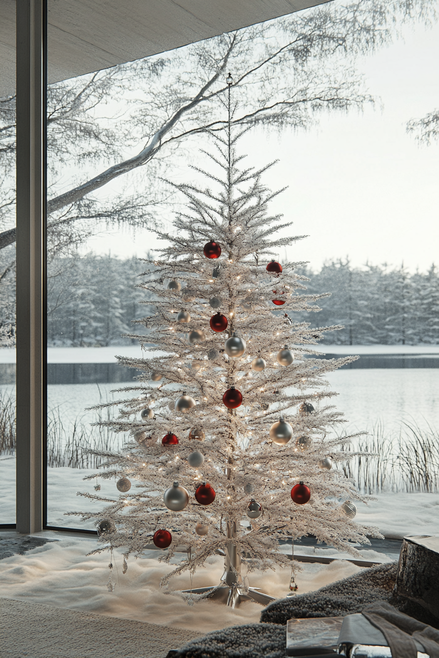 Retro-styled holiday interior. Aluminum Christmas tree by frost-kissed lake, vintage ornaments scattered.