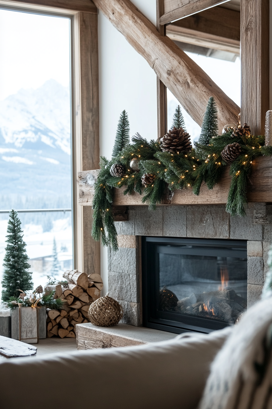 Farmhouse-style space. Pine garlands on wooden mantle, overlooking snowy mountain panorama.