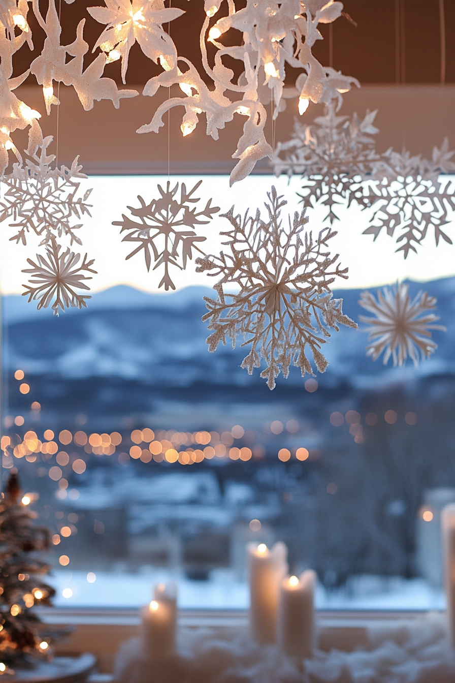 Modern Christmas decor, wide angle view. White lights and paper snowflakes, frost-covered valley below.