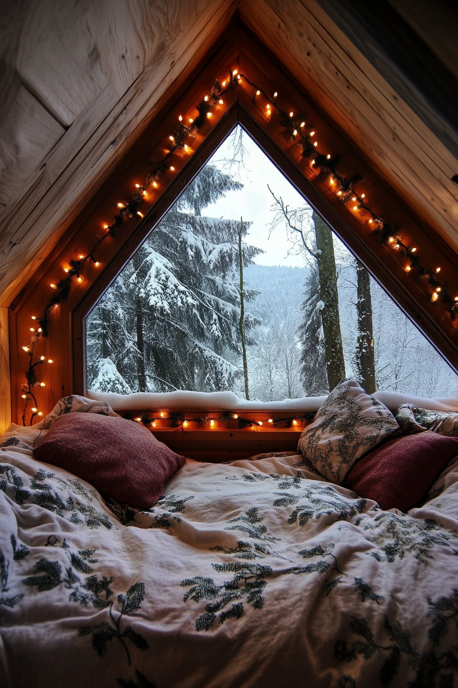 Wide angle view. Festive sleeping nook, tucked flannel bedding, strung fairy lights, overlooking snow-laden scenery.