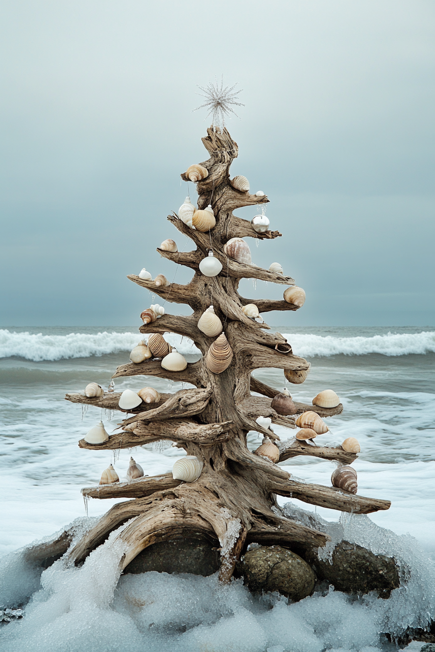 Holiday décor view. Driftwood tree with shell ornaments against icy sea waves.