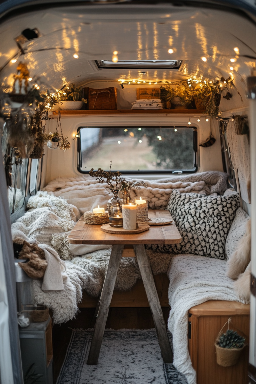 Scandinavian camper lounge. wool blankets, reclaimed wood table, cozy fairy lights.