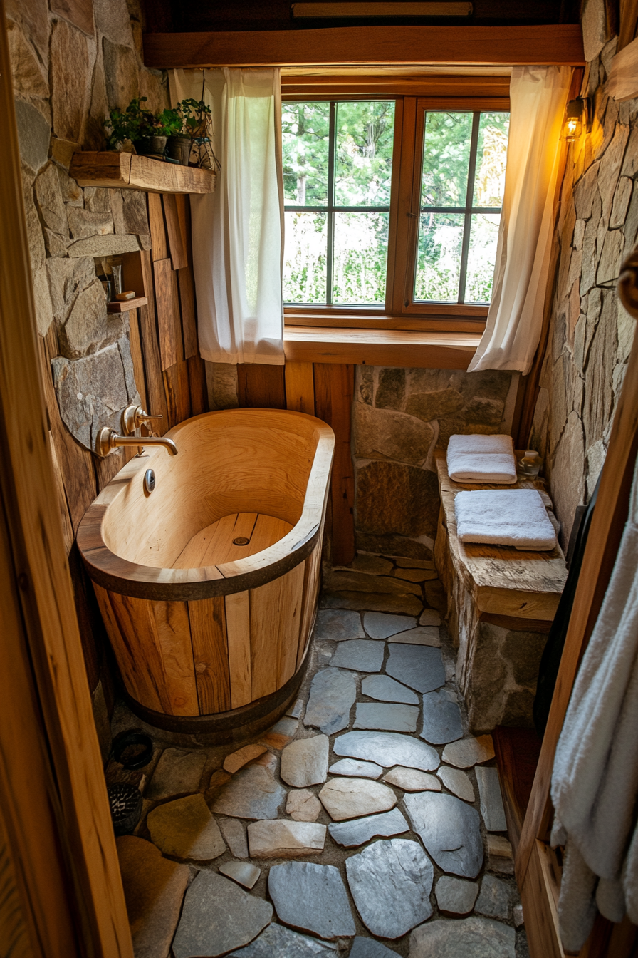 Natural tiny house bathroom. Wide angle view, wooden tub, stone elements.