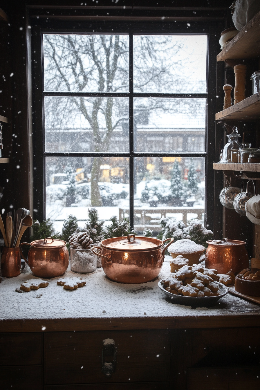 Wide-angle gingerbread-making space. Copper pots, cinnamon bundles, snow falling outside window.