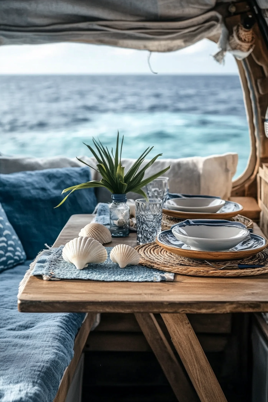 Van dining area. Teak fold-out table, azure cushion seats, string shell decor. Ocean backdrop.