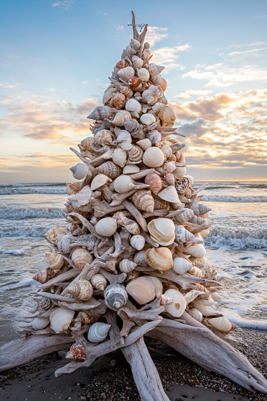 Holiday décor. Wide angle view of tree made from driftwood with shell ornaments, by winter beach waves.