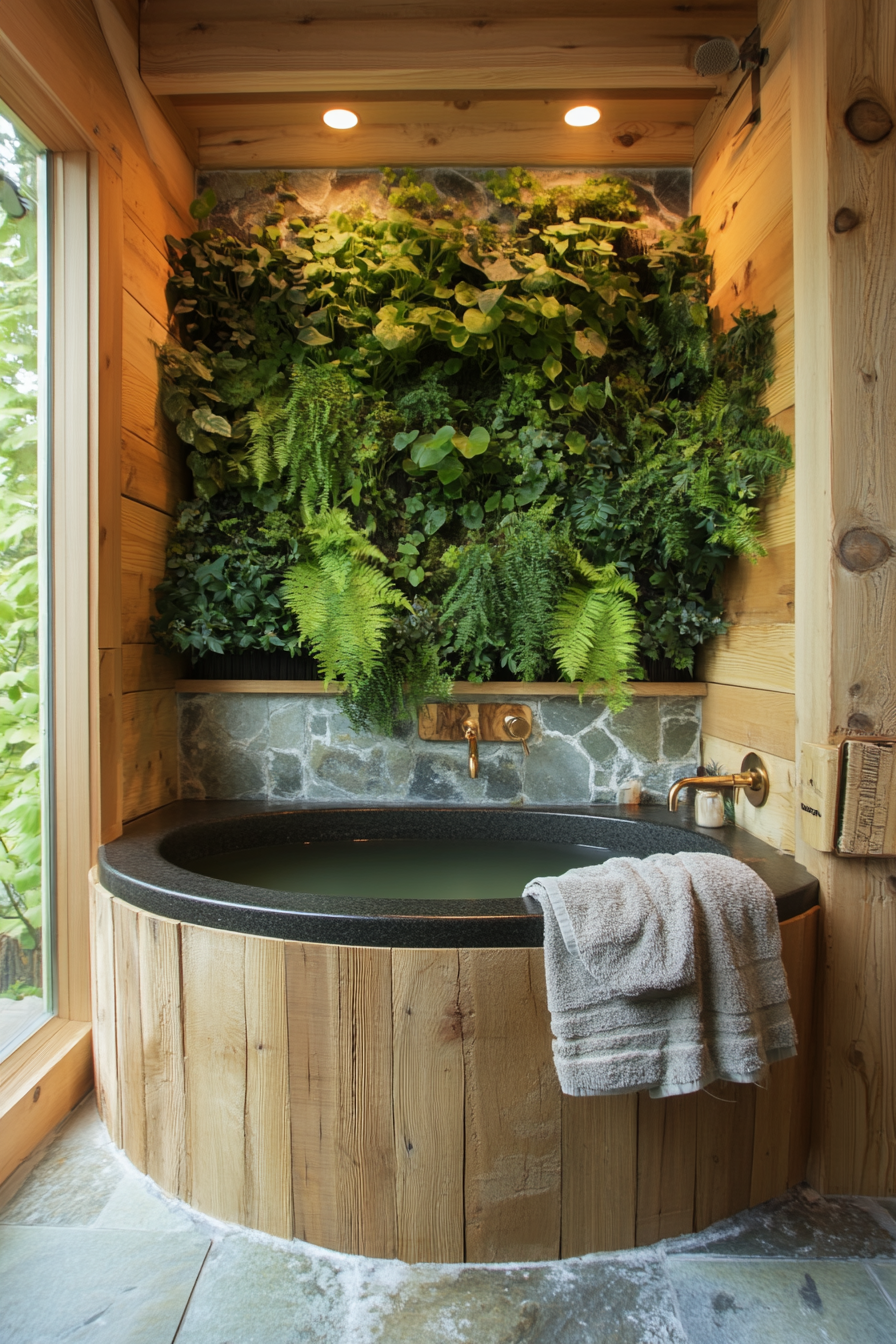 Tiny nature-inspired bathhouse. Alderwood soaking tub surrounded by a living fern wall.