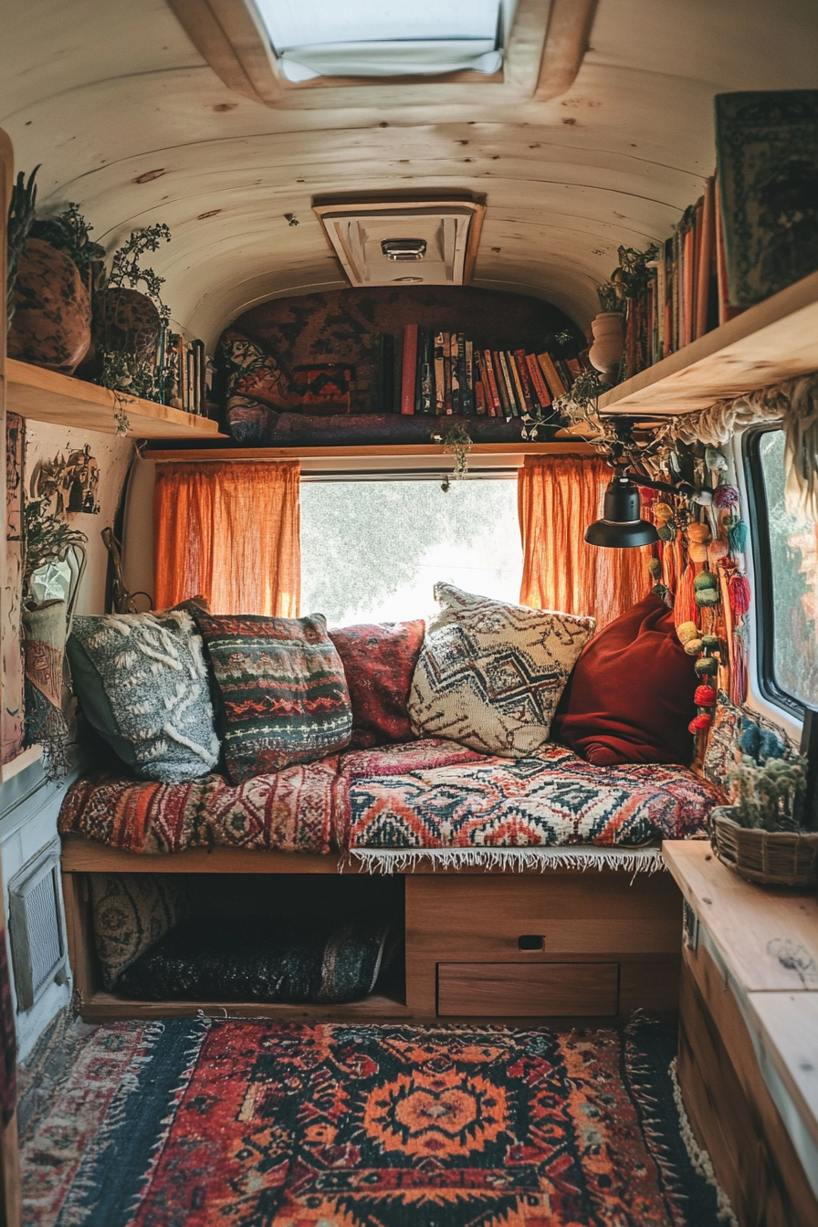 Desert-Boho Reading Corner. Camper van, Turkish carpets, agave-patterned cushions, clamp-on book light.