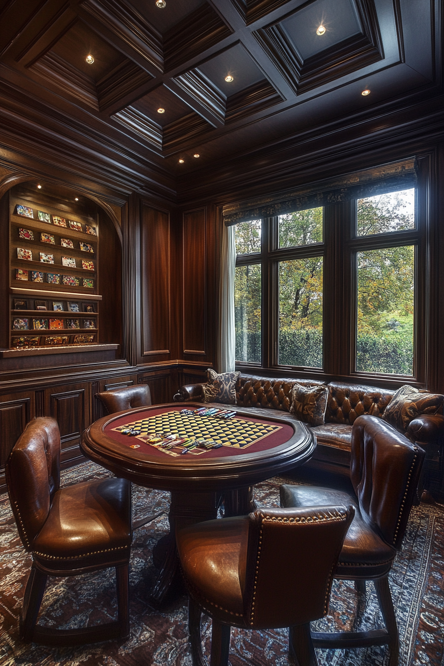 Game room. Mahogany card table, checkered board storage, wooden puzzle station.