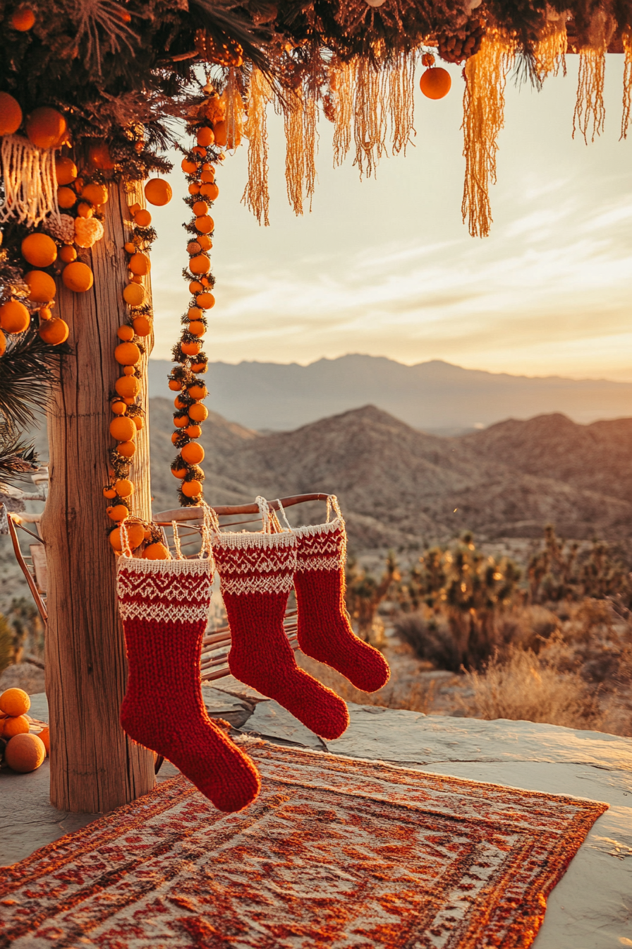 Wide-angle holiday space. Macramé stockings, dried orange garlands, sunset over mountains.