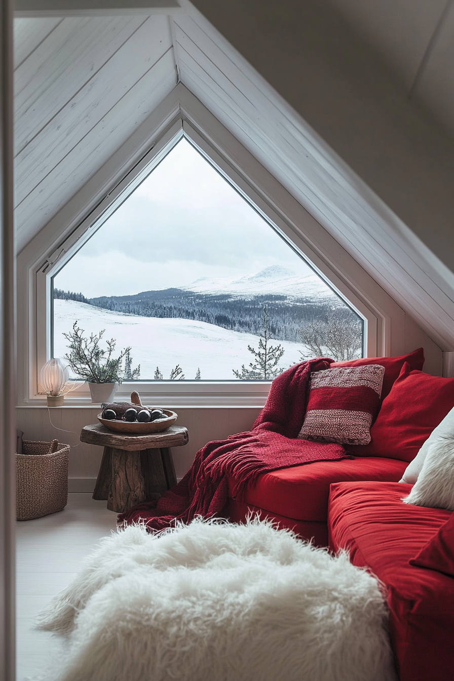 Scandinavian-inspired space. Red and white decor, skylight view of northern lights.