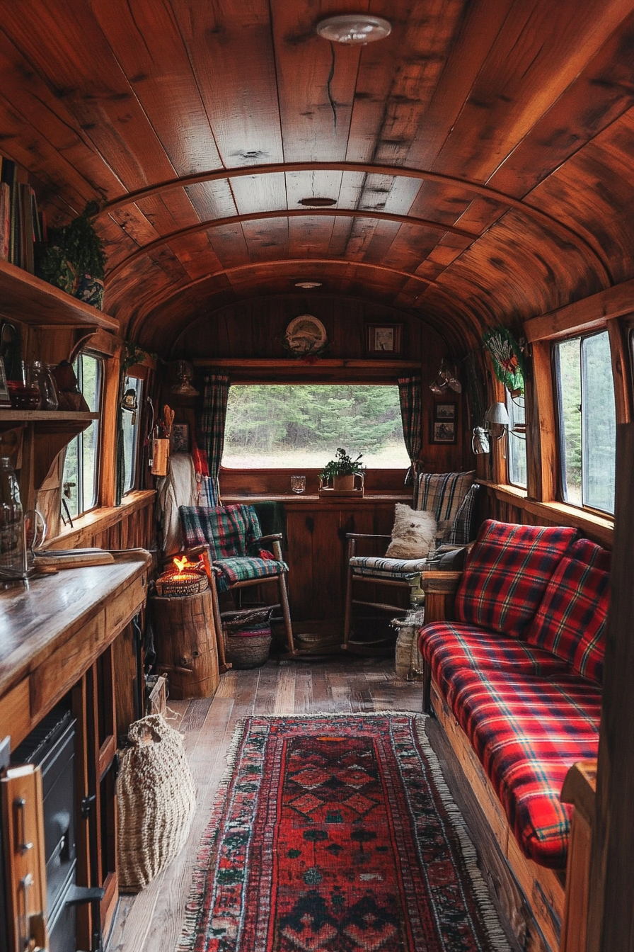 Van Lounge. Pine paneling, forest imagery, buffalo-check plaid cushions on camp chairs.