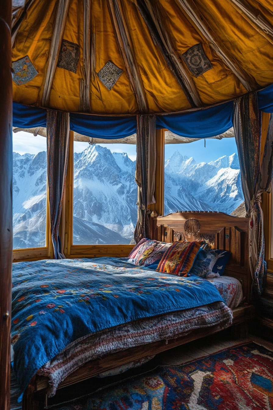 Alpine-view yurt bedroom. Hand-carved wooden bed against the panoramic blue mountainsy window backdrop.