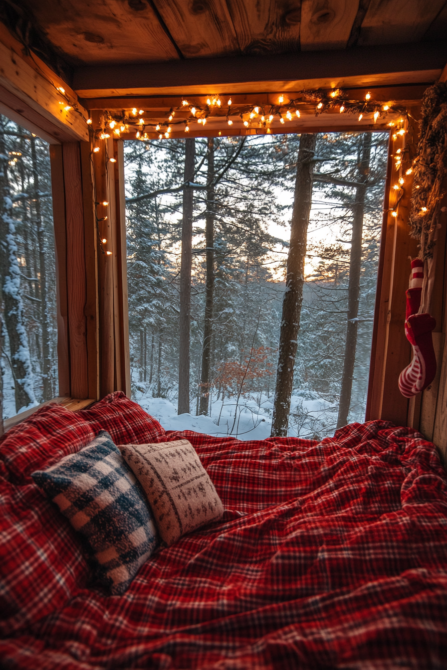 Wide angle view. Festive sleeping nook with red flannel bedding and hanging string lights, overlooking a snowy forest.