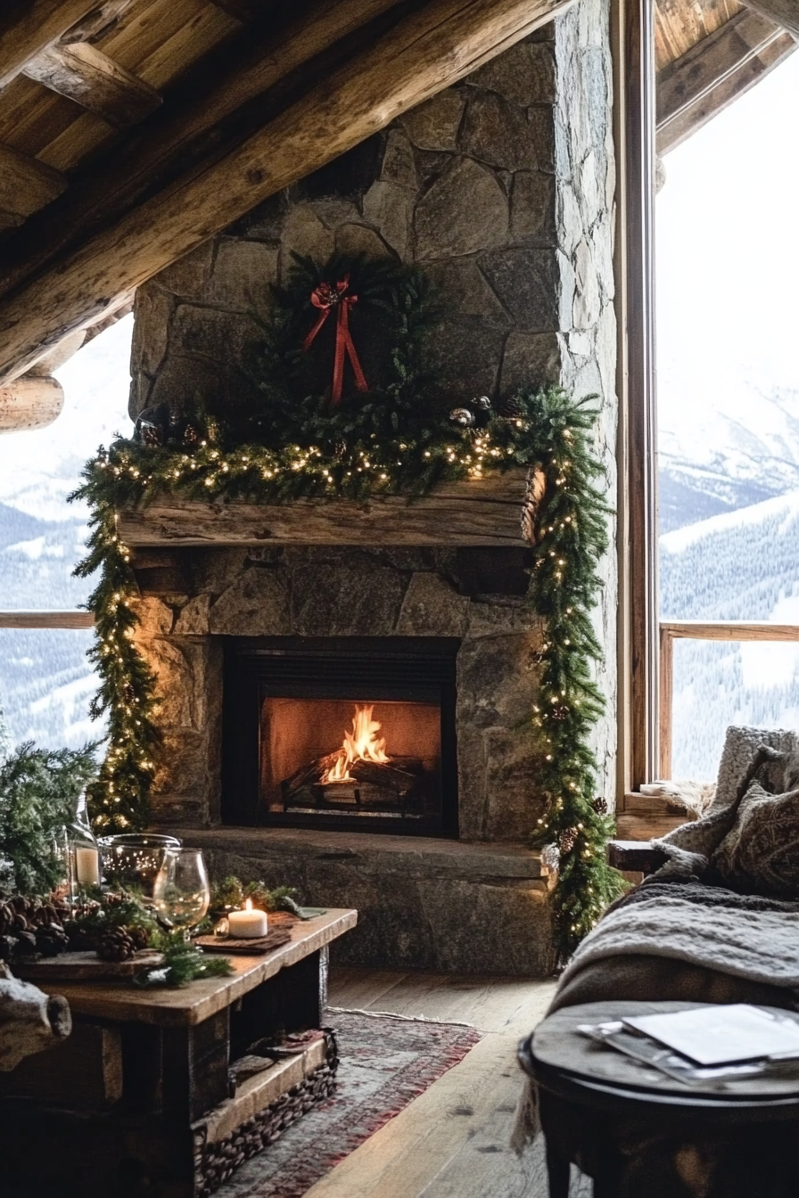 Farmhouse-style space. Pine garlands over fireplace, wooden ornaments, vast snow-covered mountain vista.