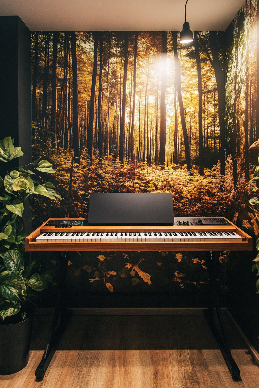 Tiny music room. Soundproof wall mural with forest scene and ergonomic walnut keyboard stand.