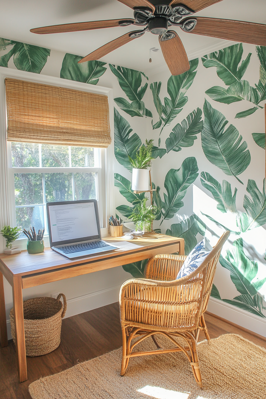 Tropical-modern tiny office. Mint leaf wallpaper, natural rattan desk, vintage brown ceiling fan.