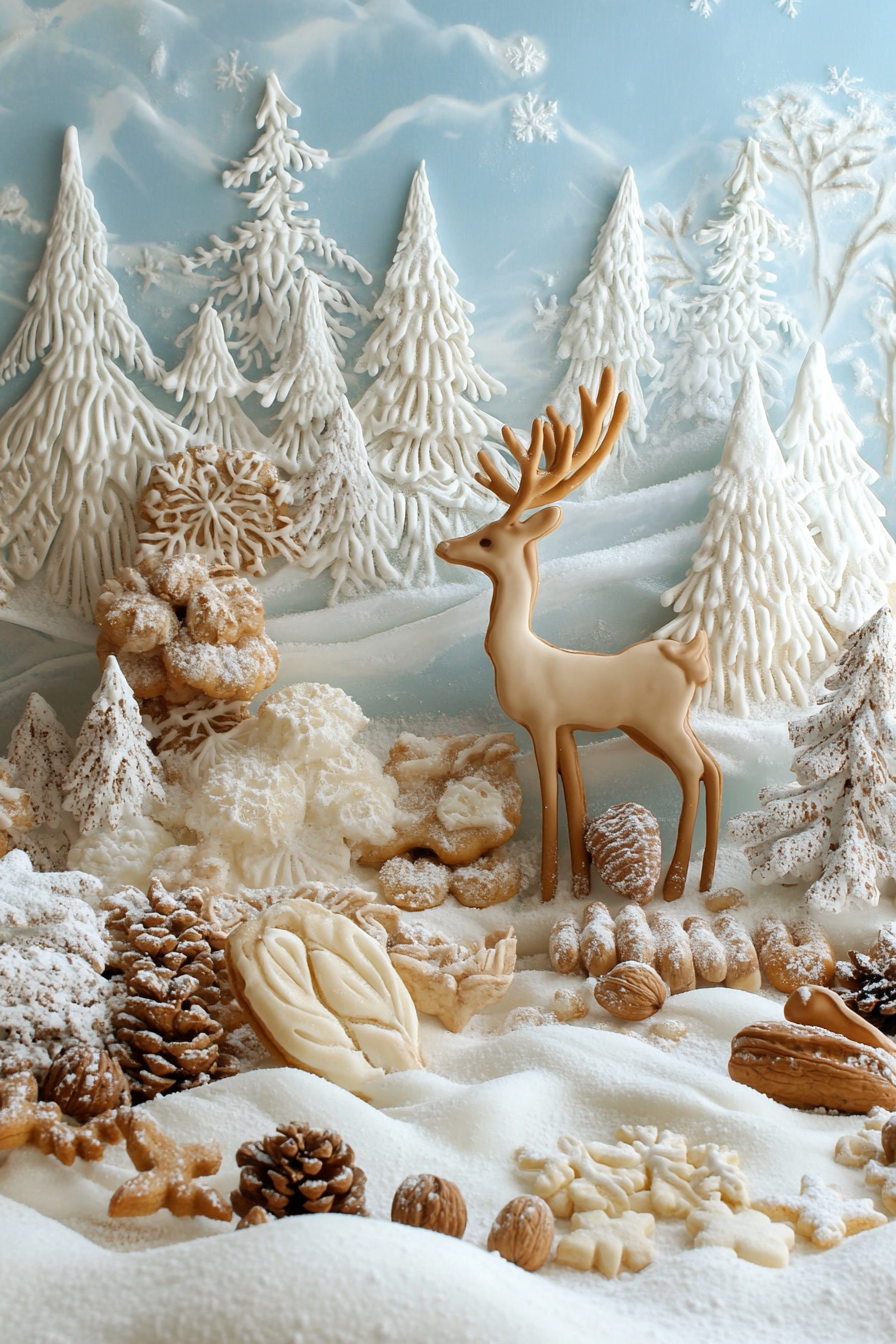 Holiday baking haven. Pastel gingerbread cookies array, walnut spice rack, deer in crunchy snowscape.