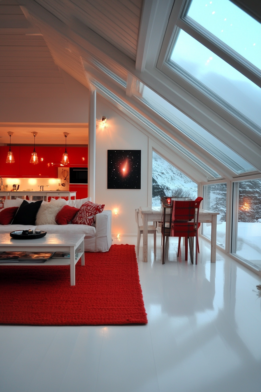 Scandinavian-inspired space. Red and white furniture, northern lights visible through wide skylight.