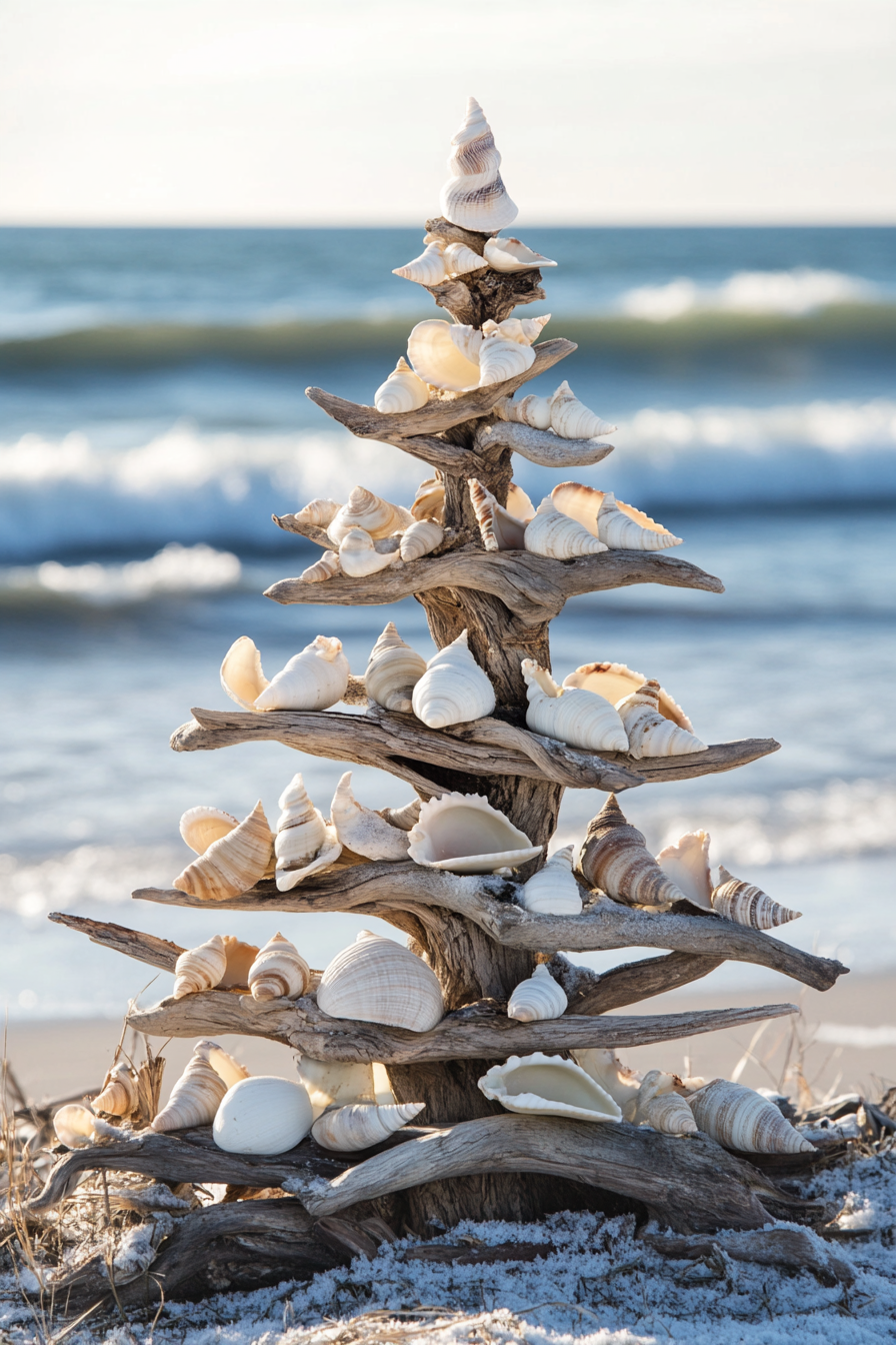 Holiday décor. Driftwood tree with shell ornaments, overlooking winter waves.