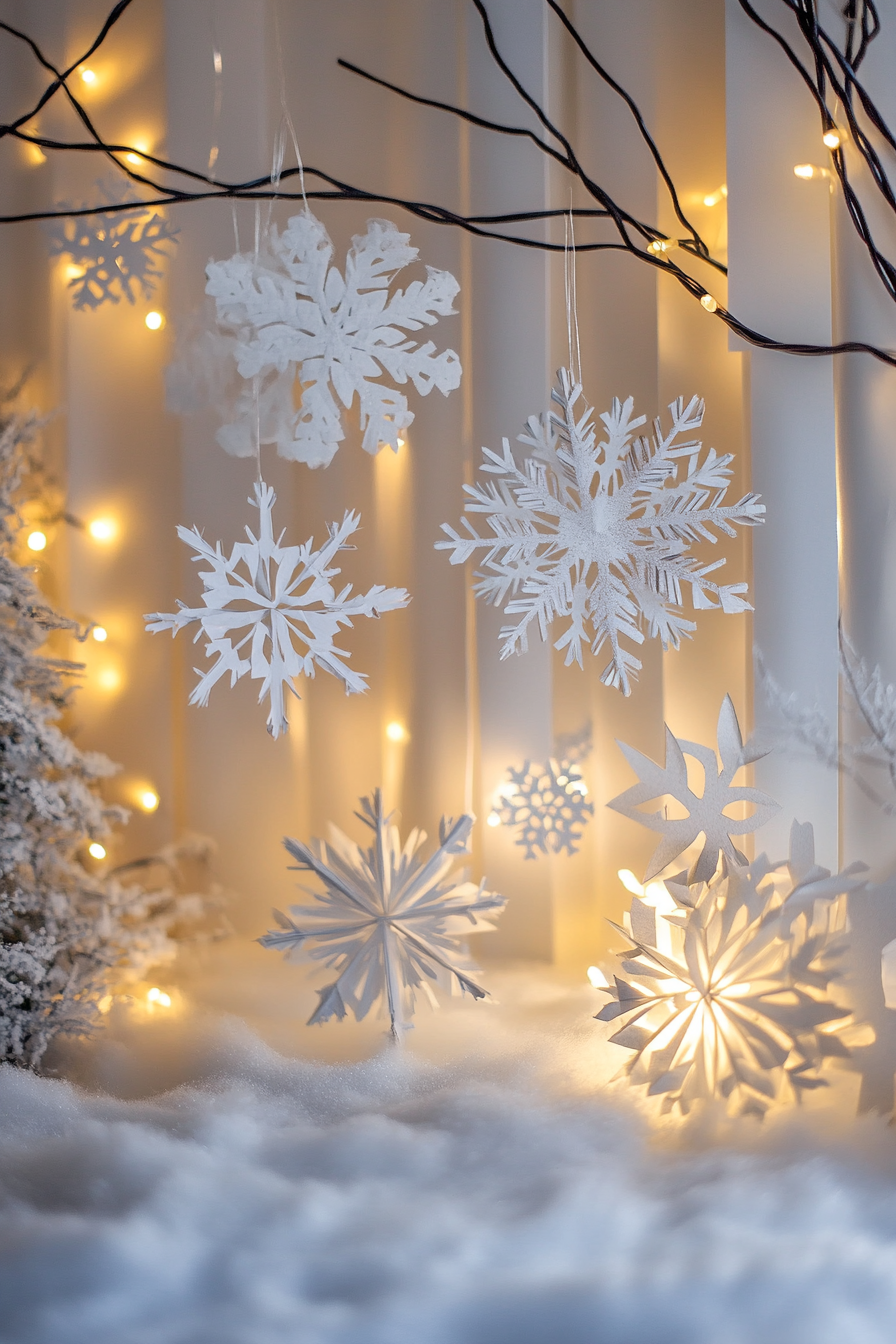 Modern Christmas decor. White lights, paper snowflakes, frost-covered valley wide angle view.