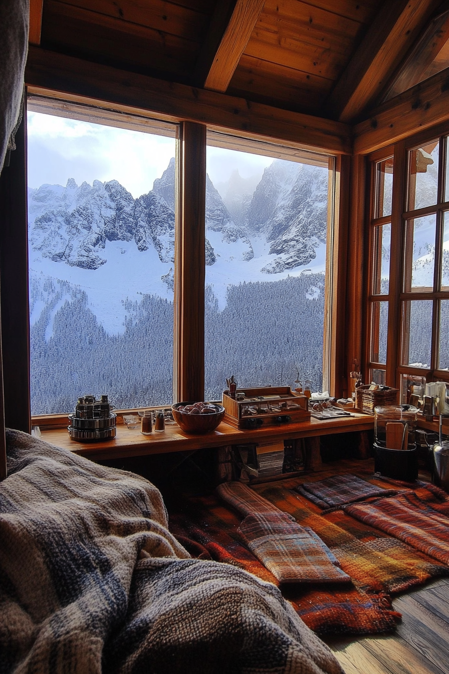 Wide-angle ski lodge interior. Wool blankets, brown window wooden frames, hot cocoa station, snow-capped peaks.