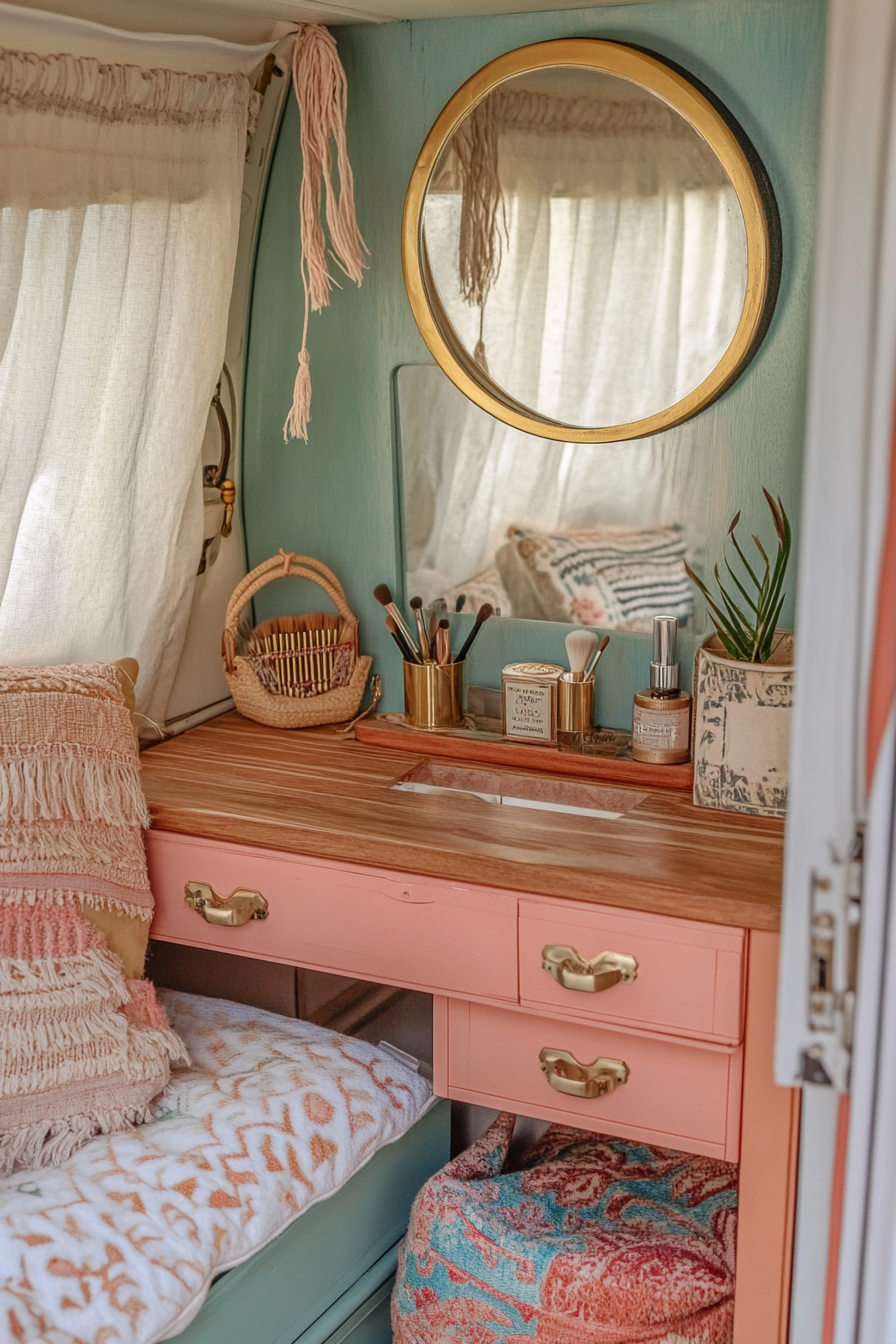 Bohemian Van Vanity Area. Pastel-colored makeup storage, gold ring light, carved wooden folding mirror.