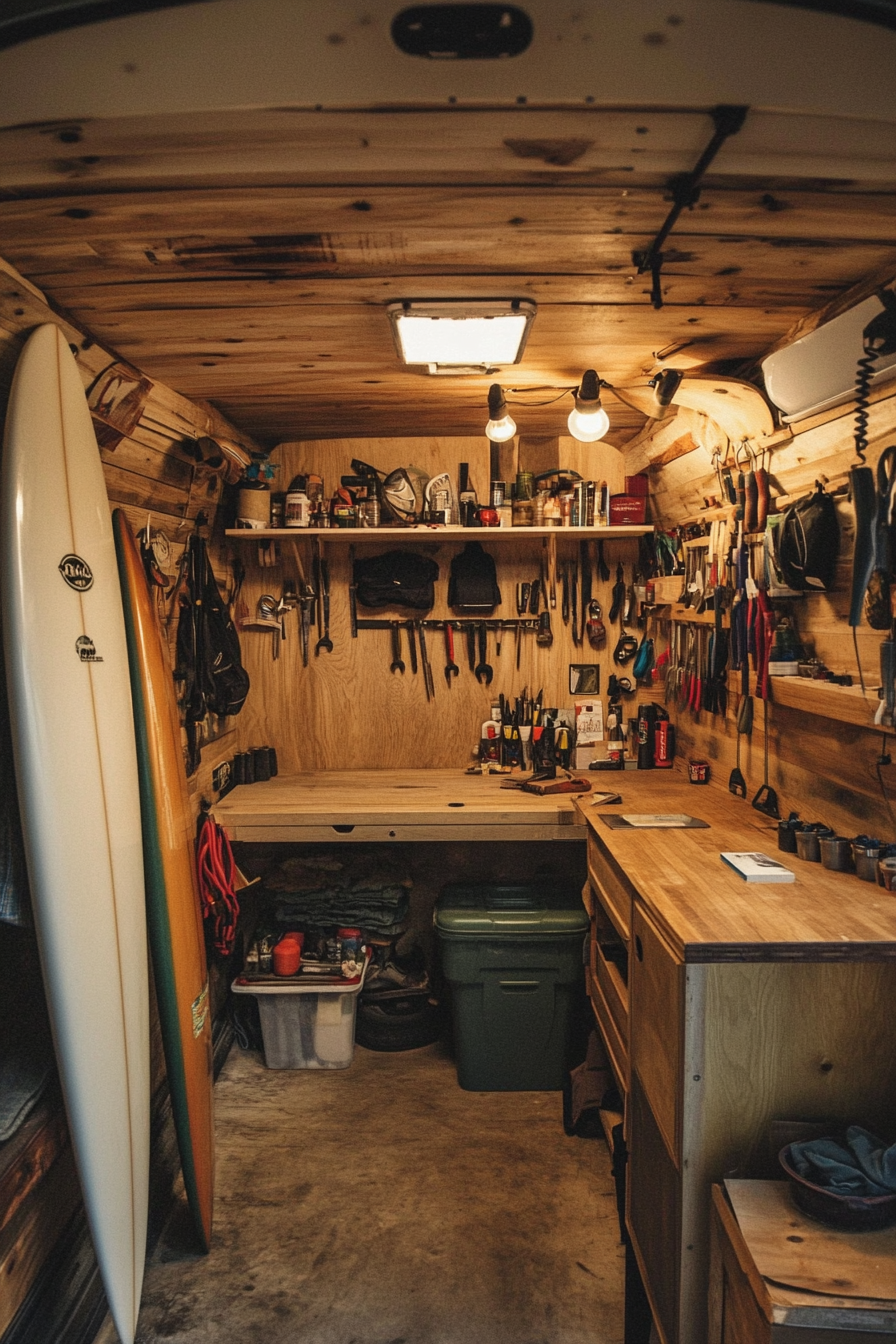 Van workshop. Hanging surfboards, organized tool wall, wooden wax station.