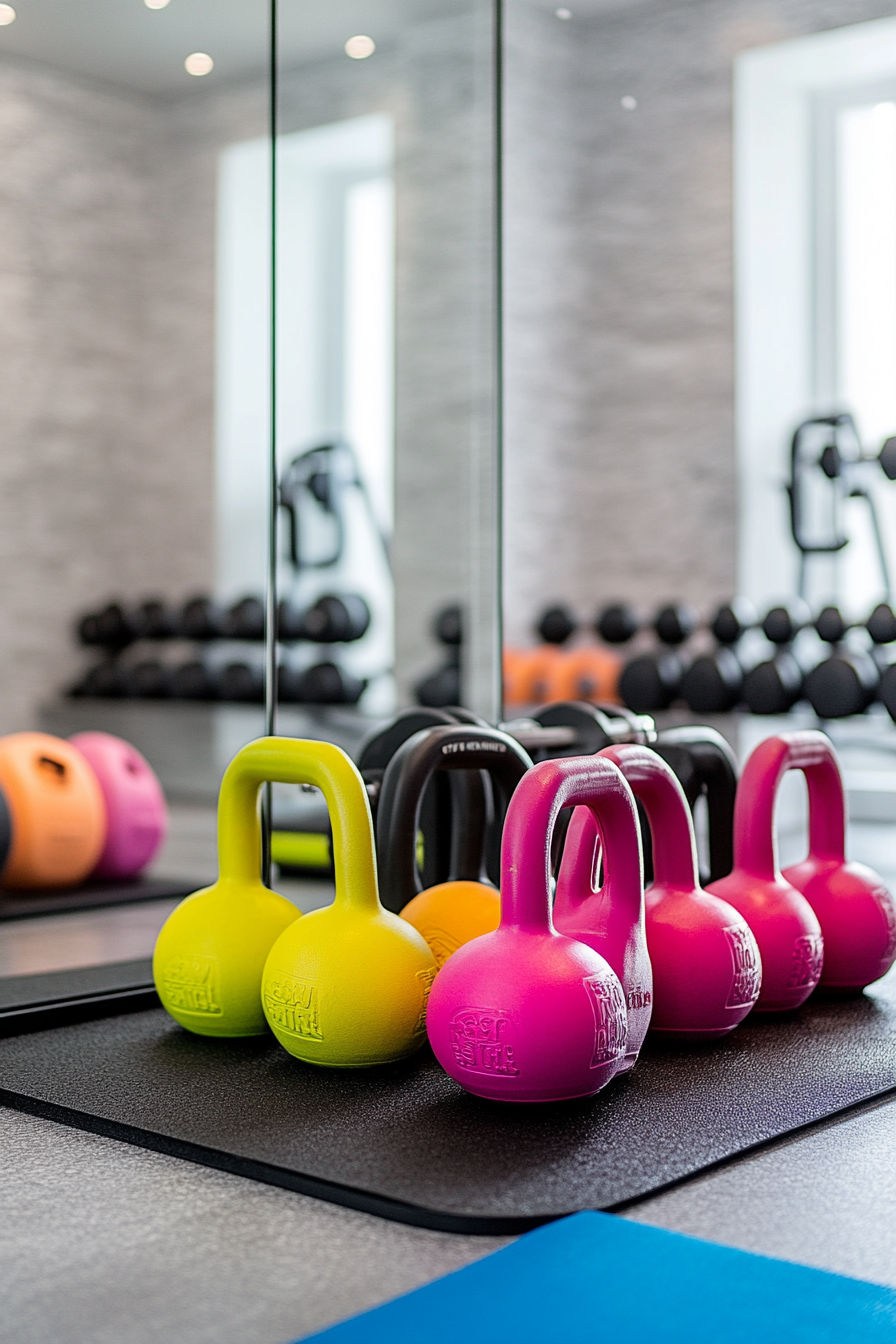 Contemporary tiny gym. Mirror wall, bright neon-colored kettlebells, black workout mat.