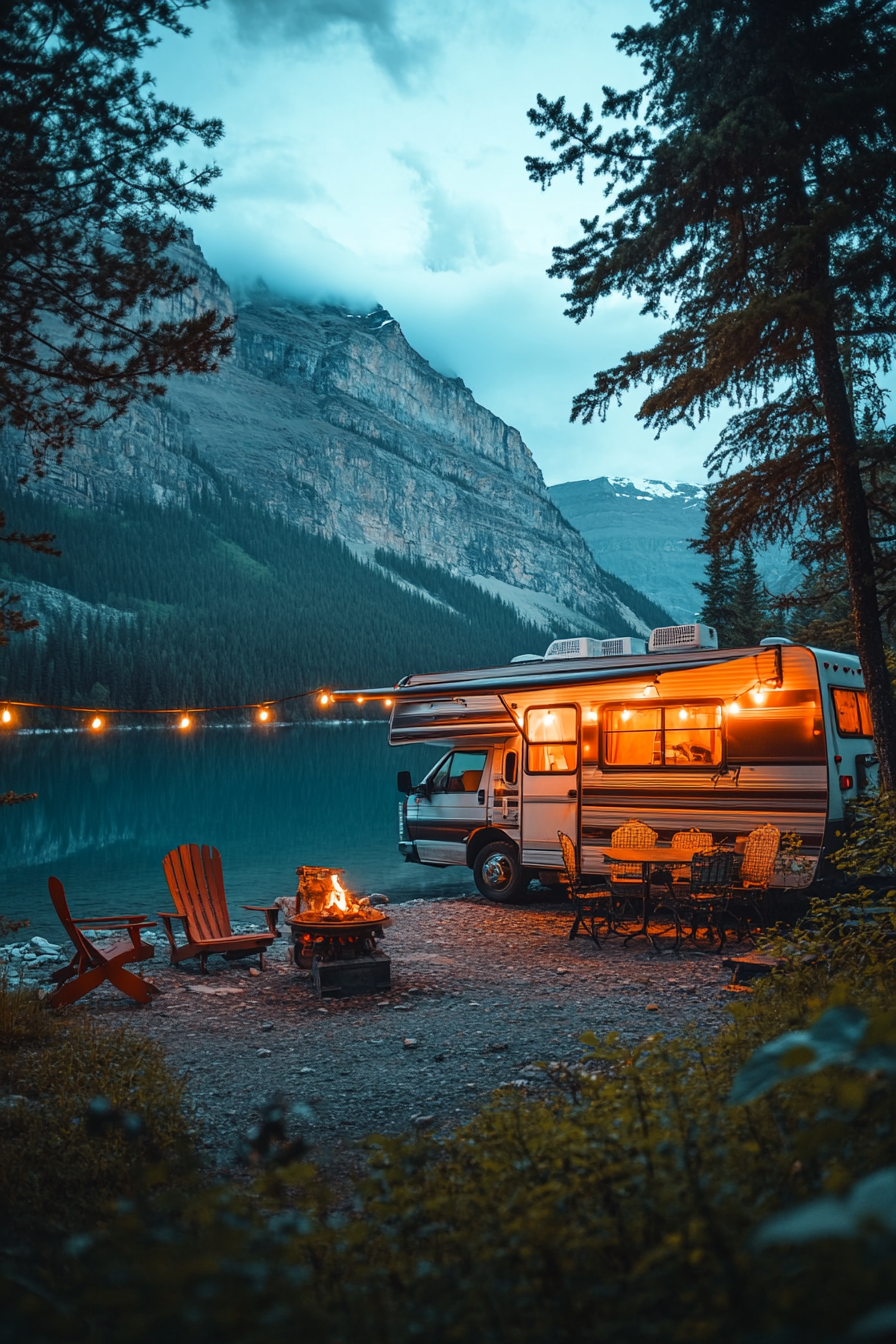 Wide angle view. Retro-styled RV, metal gliders, string lights, parked beside crystal-clear mountain lake.